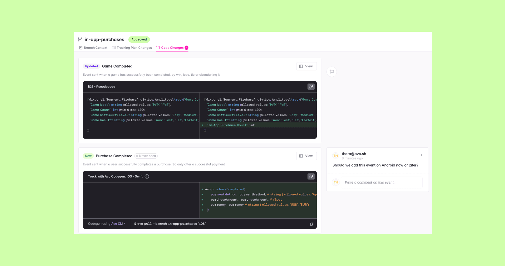Code changes tab